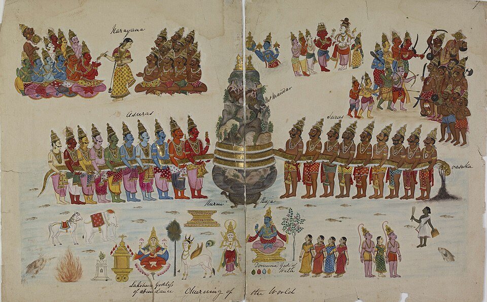 Churning of the ocean of milk, Indian painting about 1820