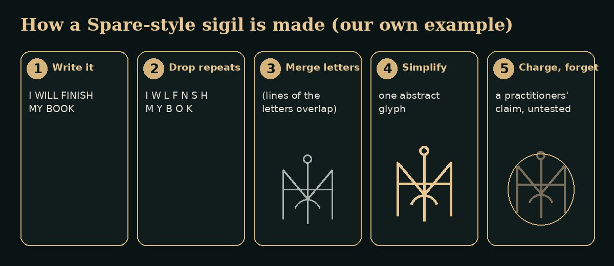 Five steps of making a Spare-style sigil, with an example glyph