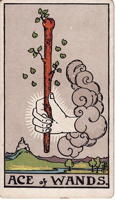 Ace of Wands card, Rider-Waite-Smith deck, Pamela Colman Smith, 1909