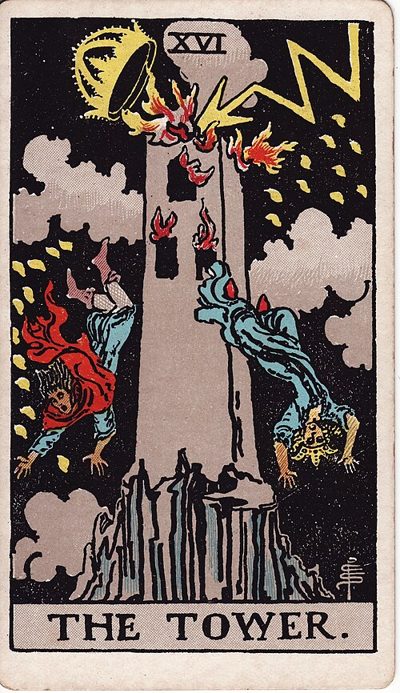 XVI &middot; The Tower card, Rider-Waite-Smith deck, Pamela Colman Smith, 1909