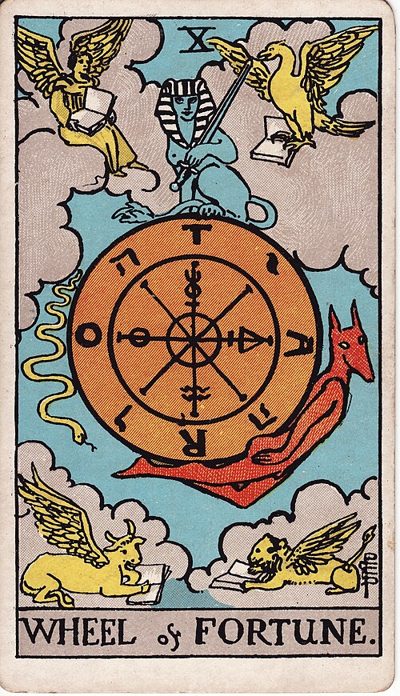 X &middot; Wheel of Fortune card, Rider-Waite-Smith deck, Pamela Colman Smith, 1909