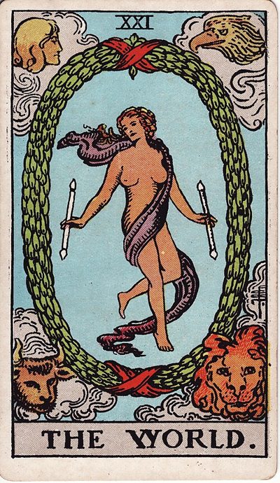 XXI &middot; The World card, Rider-Waite-Smith deck, Pamela Colman Smith, 1909